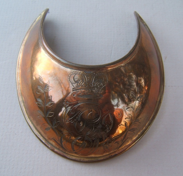 A VERY FINE AMERICAN REVOLUTIONARY WAR PERIOD ENGLISH OFFICER'S GORGET w/ GEORGE III ROYAL CYPHER, ca. 1780front