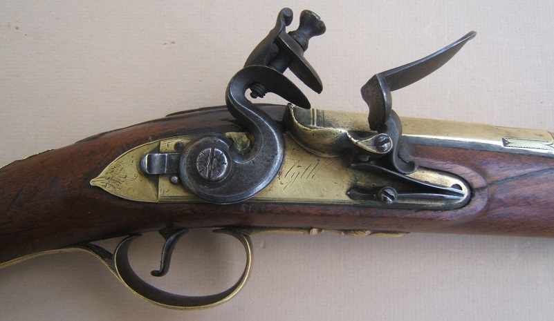 A FINE QUALITY AMERICAN REVOLUTIONARY WAR PERIOD ENGLISH OFFICERS BRASS BARREL FLINTLOCK BLUNDERBUSS, by BLYTHE ca. 1770 (POSSIBLY OWNED BY ABRAHAM CAYLER: THE LAST COLONIAL ENGLISH MAYOR OF ALBANY, NY) view 3