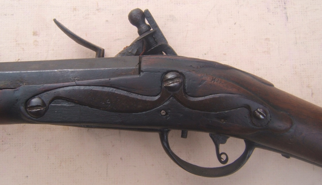 A VERY GOOD & SCARCE COLONIAL PERIOD AMERICAN FLINTLOCK MUSKET w/ SOLDIER/OWNER-CARVED INITIALS, ca. 1750 view 4