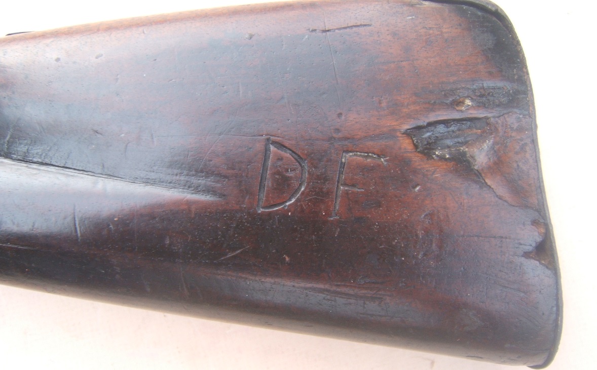 A VERY GOOD & SCARCE COLONIAL PERIOD AMERICAN FLINTLOCK MUSKET w/ SOLDIER/OWNER-CARVED INITIALS, ca. 1750 view 5