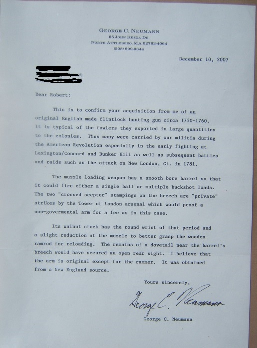 A VERY GOOD+ COLONIAL PERIOD ENGLISH FLINTLOCK TRADE FOWLER, ca. 1750, Ex. GEORGE C. NEUMANN COLLECTION {w/ LETTER OF PROVENANCE} view 7