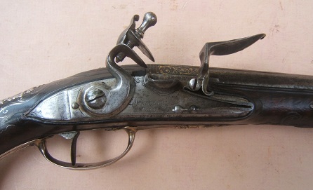 A VERY FINE FRENCH & INDIAN/AMERICAN REVOLUTIONARY WAR PERIOD FRENCH SILVER MOUNTED FLINTLOCK HOLSTER/OFFICERS PISTOL, ca. 1740 view 3