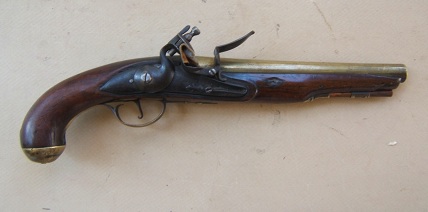 A VERY RARE AMERICAN REVOLUTIONARY WAR/COLONIAL PERIOD BRASS BARREL FLINTLOCK OFFICERS PISTOL, ca. 1770s view 1