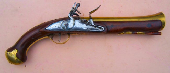 A FINE REVOLUTIONARY WAR PERIOD BRASS BARREL BLUNDERBUSS PISTOL BY ADAMS, ca. 1770s view 1