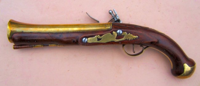 A FINE REVOLUTIONARY WAR PERIOD BRASS BARREL BLUNDERBUSS PISTOL BY ADAMS, ca. 1770s view 2