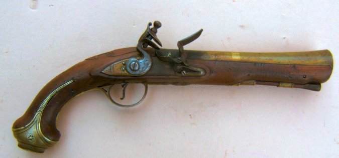 AA VERY RARE REVOLUTIONARY WAR PERIOD BRASS BARREL BLUNDERBUSS OFFICER'S PISTOL by BATEMAN, ca. 1770s view 1