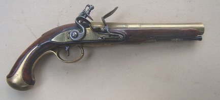 A VERY GOOD REVOLUTIONARY WAR PERIOD ENGLISH BRASS BARREL MUSKET-BORE FLINTLOCK OFFICER'S PISTOL, ca. 1770's view 1