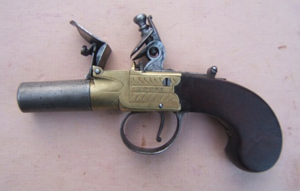 A FINE ENGLISH BRASS FRAME FLINTLOCK GREATCOAT/MUFF PISTOL, by ROOKE, ca. 1820s 1