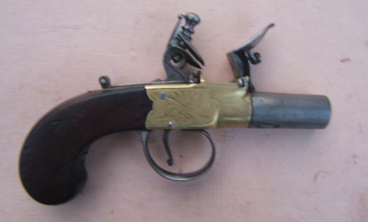 A FINE ENGLISH BRASS FRAME FLINTLOCK GREATCOAT/MUFF PISTOL, by ROOKE, ca. 1820s view 2