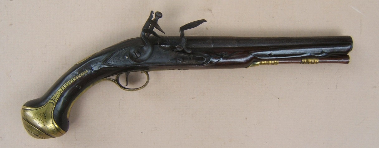 A FINE & UNTOUCHED EARLY GEORGIAN/FRENCH & INDIAN WAR PERIOD FLINTLOCK OFFICER'S PISTOL BY DAVID COLLUMBELL, ca. 1720 view 1