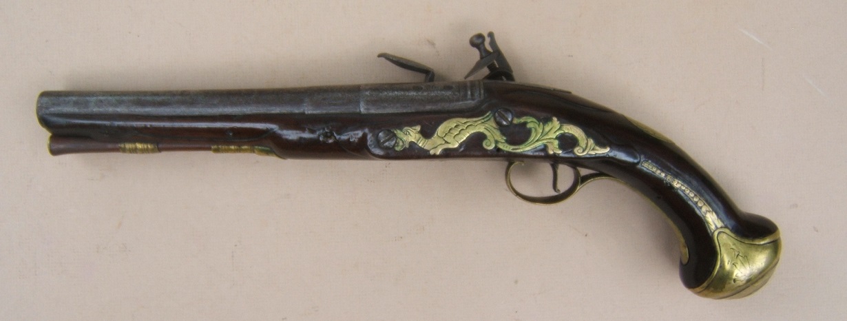 A FINE & UNTOUCHED EARLY GEORGIAN/FRENCH & INDIAN WAR PERIOD FLINTLOCK OFFICER'S PISTOL BY DAVID COLLUMBELL, ca. 1720 view 2