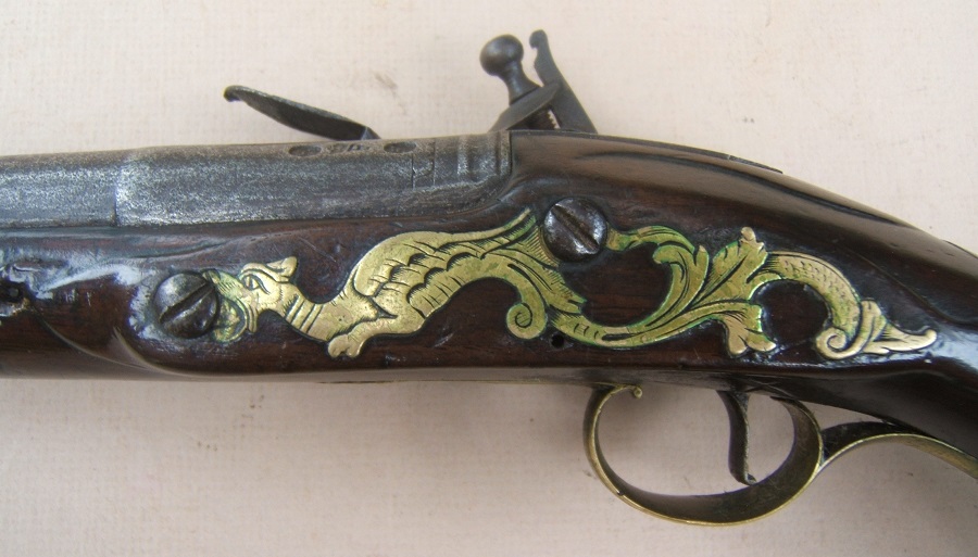 A FINE & UNTOUCHED EARLY GEORGIAN/FRENCH & INDIAN WAR PERIOD FLINTLOCK OFFICER'S PISTOL BY DAVID COLLUMBELL, ca. 1720 view 4