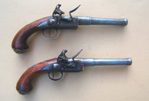 A VERY FINE PAIR OF FRENCH & INDIAN/REVOLUTIONARY WAR PERIOD SILVER MOUNTED QUEEN ANN TURN-OFF OFFICER'S PISTOLS BY DAVID COLLUMBELL ca. 1750 view 1