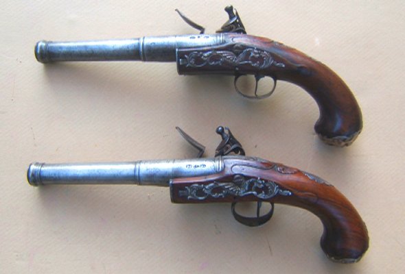 A VERY FINE PAIR OF FRENCH & INDIAN/REVOLUTIONARY WAR PERIOD SILVER MOUNTED QUEEN ANN TURN-OFF OFFICER'S PISTOLS BY DAVID COLLUMBELL ca. 1750 view 2