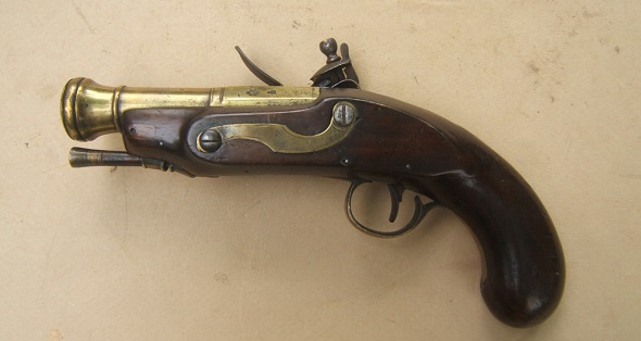 A FINE NAPOLEONIC WAR PERIOD BRASS BARREL FLINTLOCK BLUNDERBUSS (NAVAL-OFFICERS) PISTOL, BY HENRY NOCK, ca. 1810s view 2