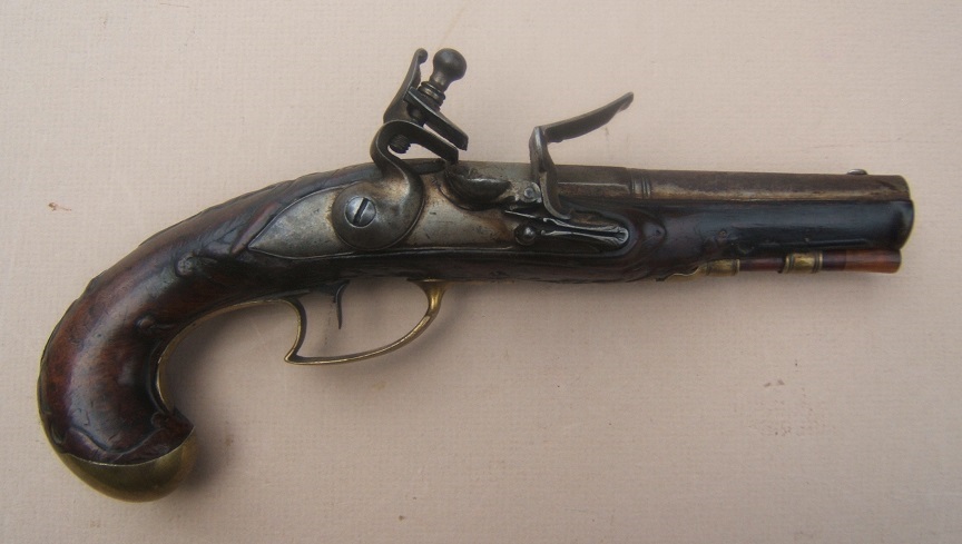 AN EARLY PENNSYLVANIA-GERMAN/GERMAN REVOLUTIONARY WAR PERIOD RIFLED-BARREL FLINTLOCK KENTUCKY-TYPE PISTOL, by MICHAEL BAUER/PAUER, ca. 1770 view 1