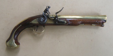 A FINE QUALITY REVOLUTIONARY WAR PERIOD ENGLISH BRASS BARREL BLUNDERBUSS PISTOL W/ BRITISH NAVAL INSCRIPTION, BY I. PARR, ca. 1770 view 1