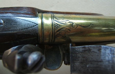 A FINE QUALITY REVOLUTIONARY WAR PERIOD ENGLISH BRASS BARREL BLUNDERBUSS PISTOL W/ BRITISH NAVAL INSCRIPTION, BY I. PARR, ca. 1770  view 5