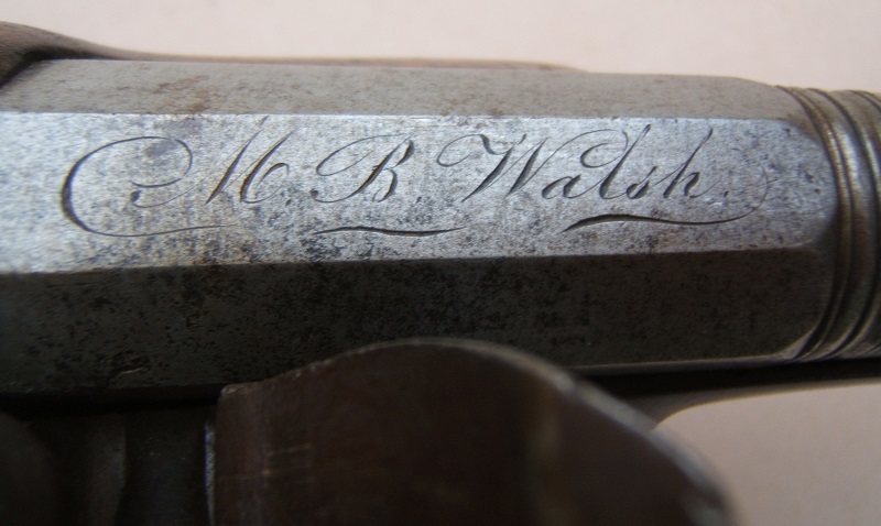 A FINE IRON ELLIPTICAL BARREL BLUNDERBUSS PISTOL, BY LAMBERT w/ M. B. WALSH INSCRIPTION, ca. 1800 view 4