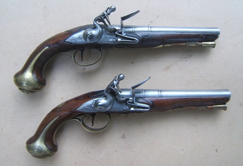 A FINE PAIR OF FRENCH & INDIAN/AMERICAN REVOLUTIONARY WAR PERIOD ENGLISH FLINTLOCK OFFICER'S PISTOLS by 