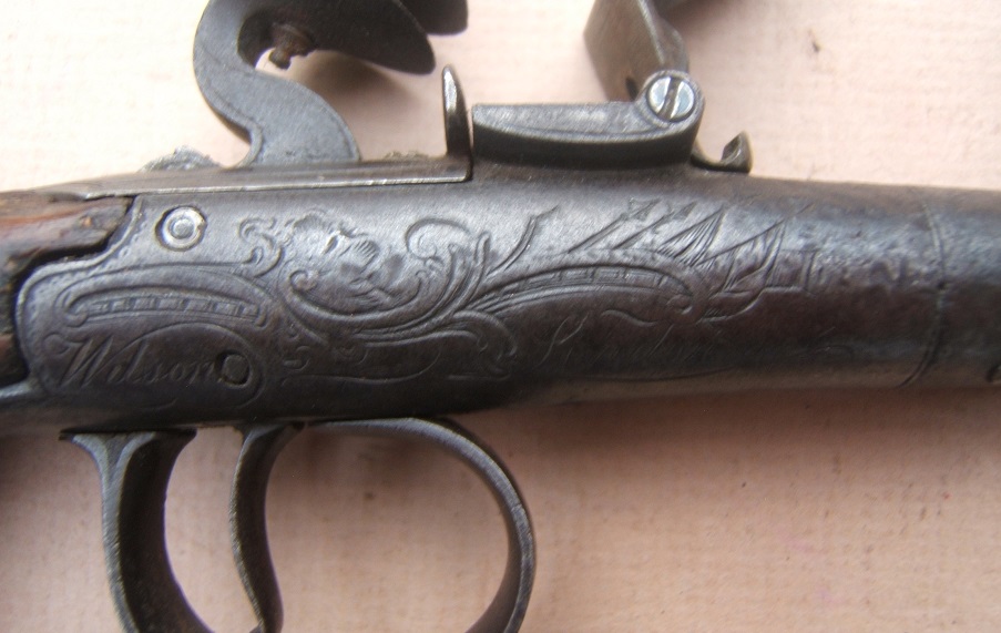 A VERY GOOD SILVER MOUNTED FRENCH & INDIAN/AMERICAN REVOLUTIONARY WAR PERIOD QUEEN ANN TURN-OFF PISTOL BY RICHARD WILSON, ca. 1750 view 4