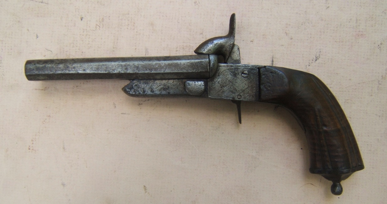 A GOOD 19TH CENTURY CONTINENTAL DOUBLE BARREL PIN-FIRE PISTOL, ca. 1860 view 2