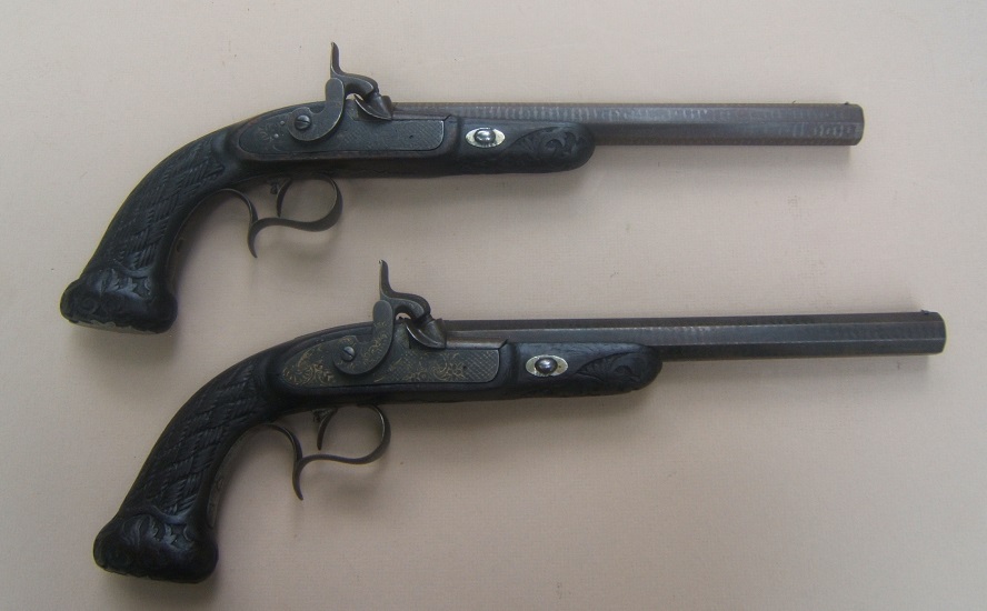  A VERY GOOD & EARLY CASED PAIR OF CONTINENTAL PERCUSSION TARGET PISTOLS, ca. 1850 view 4