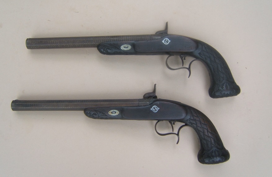  A VERY GOOD & EARLY CASED PAIR OF CONTINENTAL PERCUSSION TARGET PISTOLS, ca. 1850 view 5