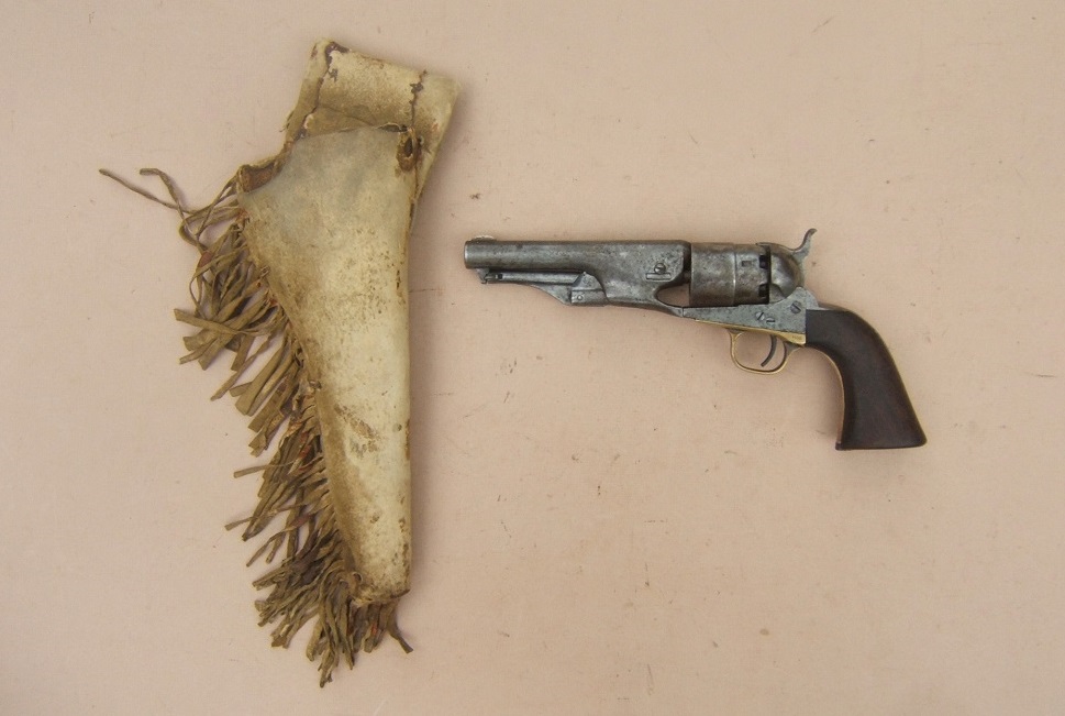  AN AMERICAN FRONTIER ERA USED CIVIL WAR COLT MODEL 1860 ARMY REVOLVER w/ NATIVE AMERICAN (SIOUX TYPE) FRINGED BUFF LEATHER & RAWHIDE HOLSTER, ca. 1870 view 1