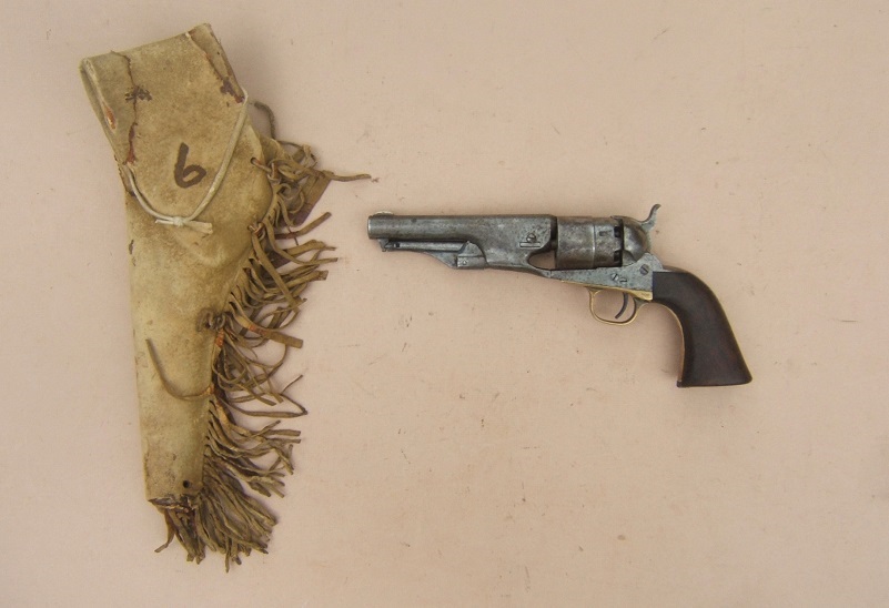  AN AMERICAN FRONTIER ERA USED CIVIL WAR COLT MODEL 1860 ARMY REVOLVER w/ NATIVE AMERICAN (SIOUX TYPE) FRINGED BUFF LEATHER & RAWHIDE HOLSTER, ca. 1870 view 2