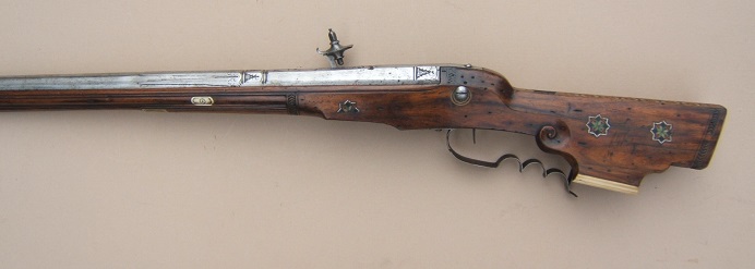 A HIGH QUALITY & UNUSUAL AUSTRIAN-HUNGARIAN/EASTERN EUROPEN (RUSSIAN?) 17TH CENTURY WHEELOCK SPORTING CARBINE w/ RELIEF CARVED & SILVER INLAYED STOCK, dtd. 1674 view 2