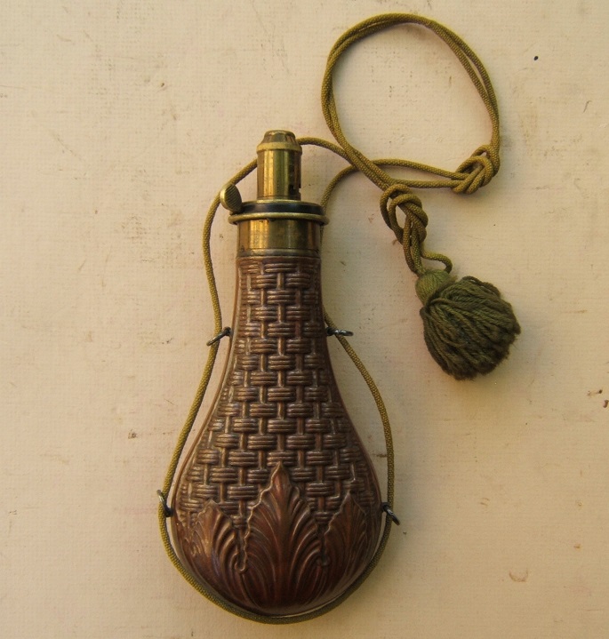 A FINE+ Mid-19th CENTURY ENGLISH EMBOSSED COPPER POWDER FLASK, by 