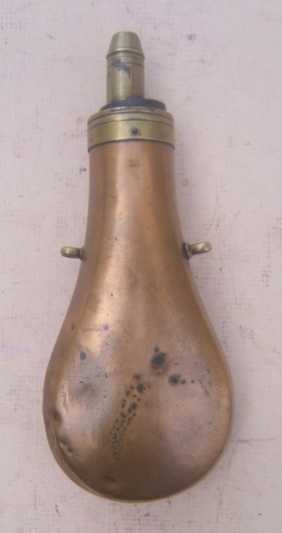  A FINE QUALITY MID-19TH CENURY ENGLISH COPPER POWDER FLASK, ca. 1850 view 2