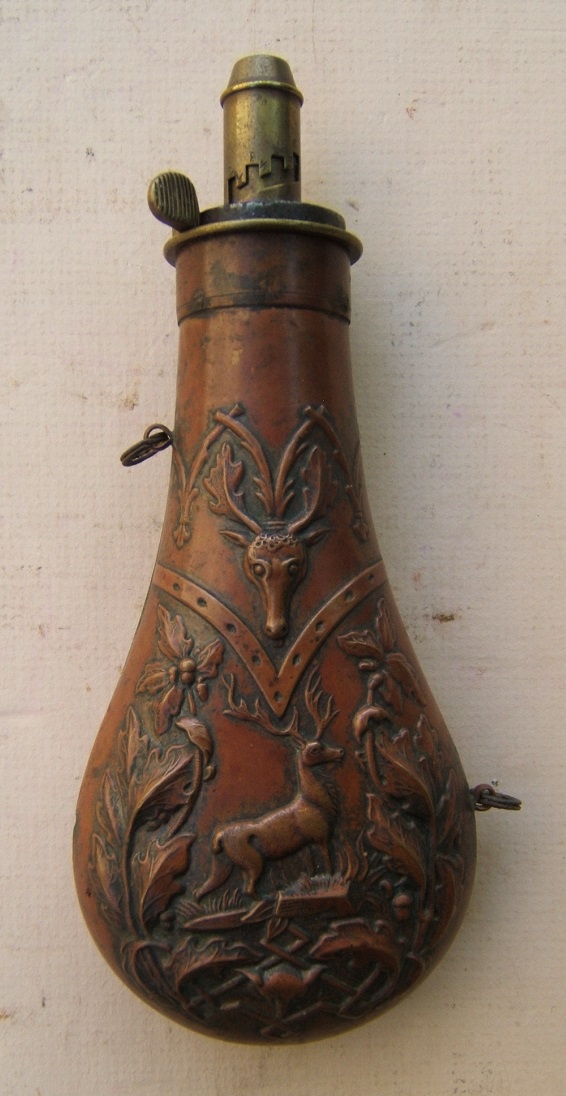 A VERY GOOD QUALITY MID-19th CENTURY AMERICAN EMBOSSED COPPER POWDER FLASK, ca. 1850 view 1