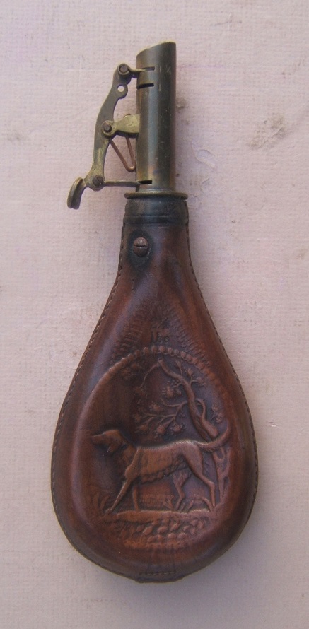 A VERY GOOD AMERICAN CIVIL WAR PERIOD MID-19TH CENTURY LEATHER SHOT FLASK w/ EMBOSSED DOG, ca. 1850 view 1