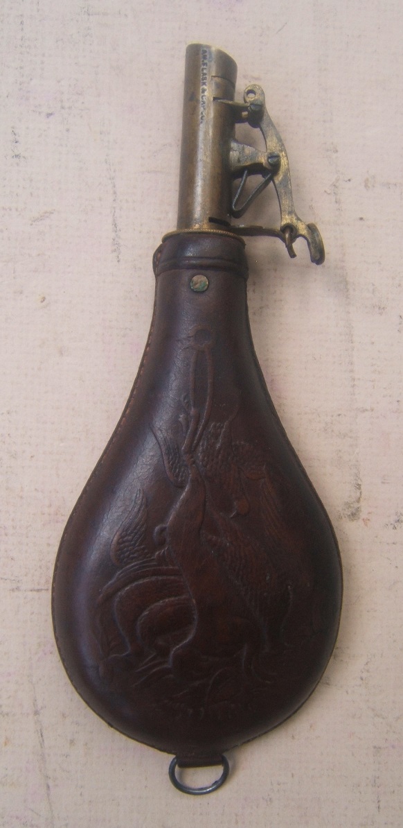 A VERY FINE MID 19TH CENTURY AMERICAN EMBOSSED LEATHER SHOT FLASK, ca. 1850-1870 view 1