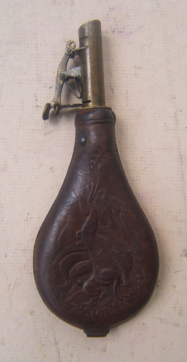 A VERY FINE MID 19TH CENTURY AMERICAN EMBOSSED LEATHER SHOT FLASK, ca. 1850-1870 view 2