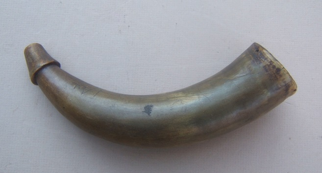  A VERY GOOD REVOLUTIONARY WAR PERIOD AMERICAN PRIMING HORN w/ OWNER-“IA” INSCRIBED WOODEN BASE, ca. 1770 view 1