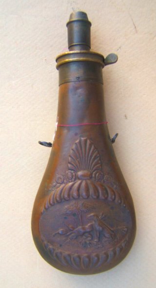 A Very Good Quality Early to Mid 19th Century Embossed Copper English Powder Flask, by James Barlow ca. 1830 view 1