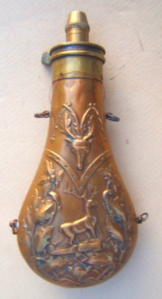 MID 19th CENTURY AMERICAN EMBOSSED BRASS POWDER FLASK, ca. 1860s view 1