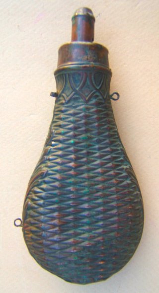 A Mid 19th Century Embossed Copper Powder Flask, by J. W. Hawksley, for Barton, Alexander & Waller of New York City, ca. 1860s view 1