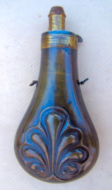 An Unsigned Mid 19th Century American Embossed Copper Powder Flask, ca. 1850s view 1
