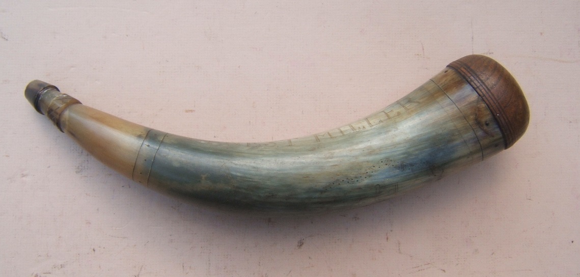  A VERY NICE EARLY 19TH CENTURY AMERICAN SAILOR-CARVED & I'D (ERNEST MILLER) POWDER HORN, ca. 1810 view 1