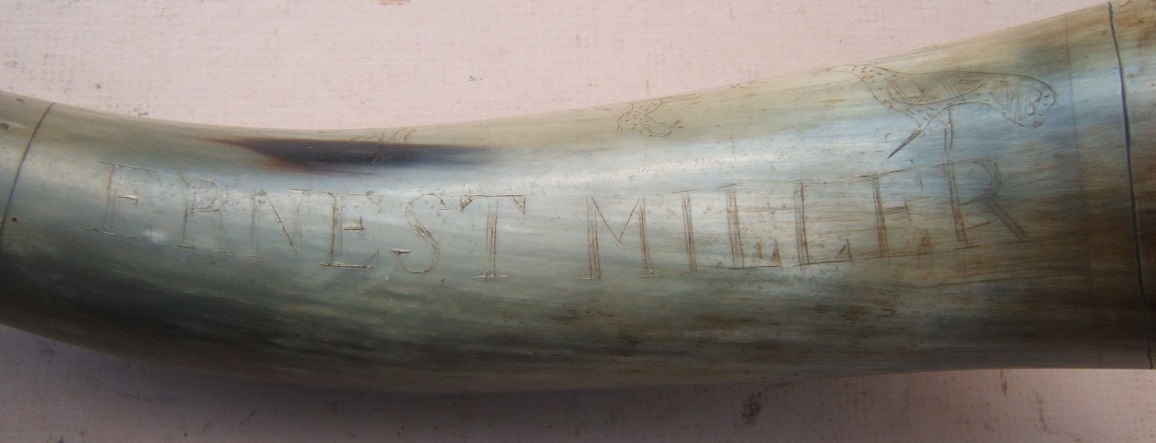  A VERY NICE EARLY 19TH CENTURY AMERICAN SAILOR-CARVED & I'D (ERNEST MILLER) POWDER HORN, ca. 1810 view 3