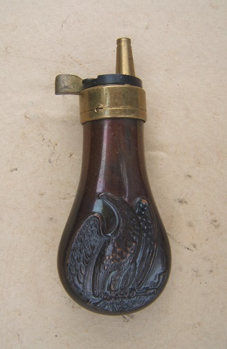 A VERY FINE 20th CENTURY/REPRODUCTION SMALL-SIZED (COLT-TYPE) EMBOSSED EAGLE COPPER POWDER FLASK view 1