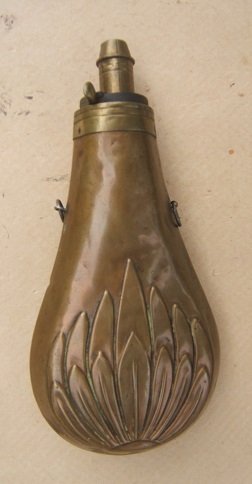 A VERY GOOD+ AMERICAN EMBOSSED BRASS SCALLOP-SHELL POWDER FLASK, ca. 1850s view 2