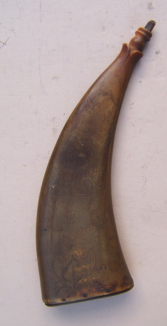 A FINE 18th CENTURY SCOTTISH FLAT/COMPRESSED ENGRAVED COW-HORN POWDER HORN, ca. 1750 view 2
