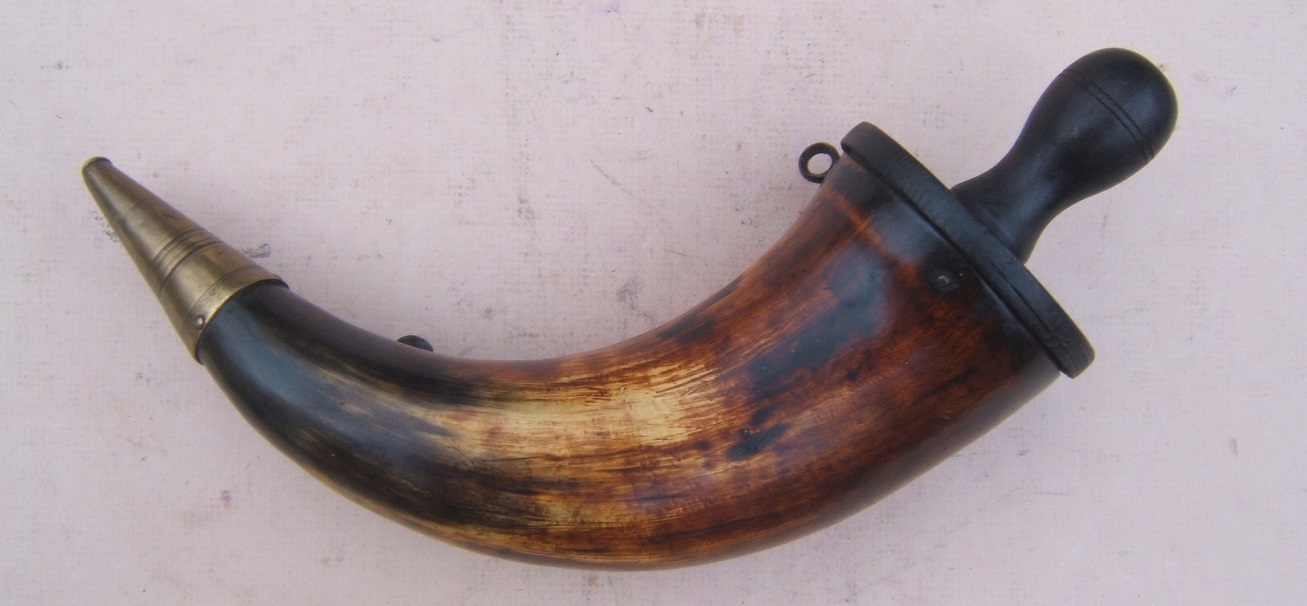  A RARE AMERICAN REVOLUTIONARY WAR PERIOD POWDER HORN w/ NICELY TURNED BASE & BRASS & IRON MOUNTED SPRING CUT-OFF, ca. 1770 view 2