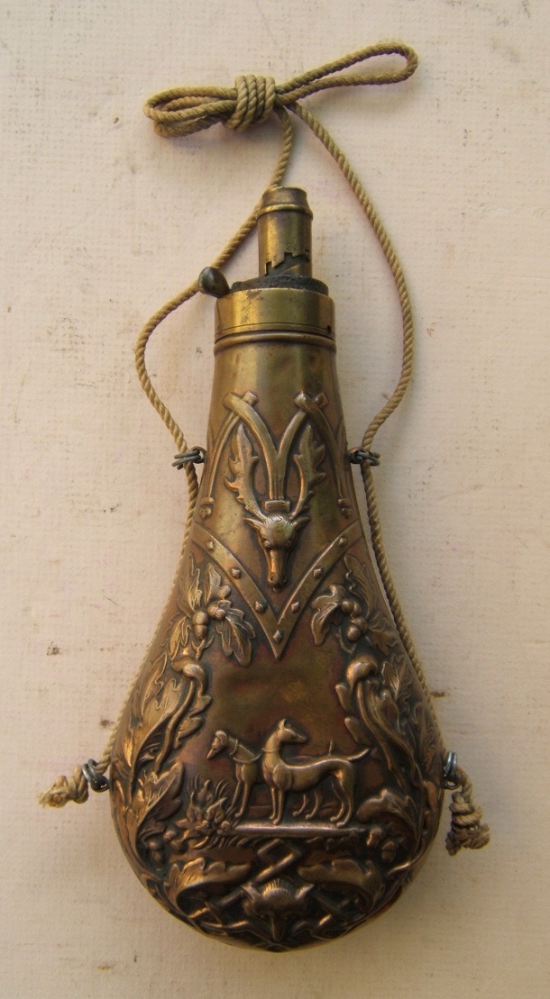 A VERY GOOD MID-19th CENTURY AMERICAN EMBOSSED COPPER POWDER FLASK, ca. 1860 view 2