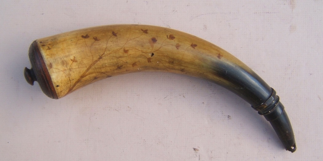 A FINE & UNTOUCHED AMERICAN REVOLUTIONARY WAR PERIOD AMERICAN POWDER HORN w/ ETCHED & ENGRAVED BODY, ca. 1770 view 2